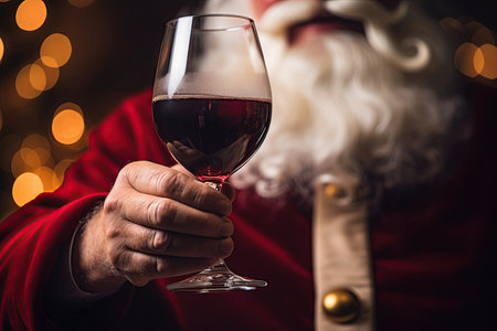 Santa Claus holding a glass of red wine. Focus on the glass. Ai Generative imageの素材