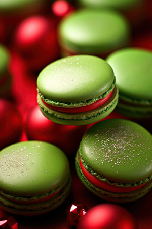 Macaron cookies on red festive background. Christmas dessert. Ai generative imageの素材