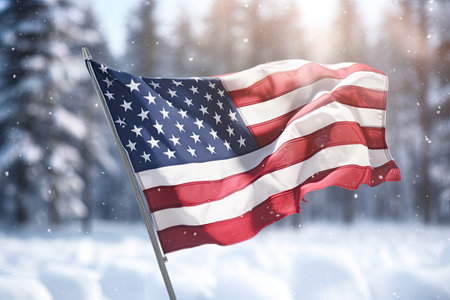 Flag of America outdoors in the snow. Ai Generative illustrationの素材