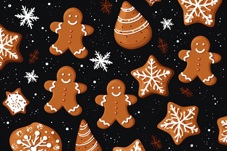 Gingerbread cookies background. Christmas and New Year greeting card design. Ai generative illustrationの素材