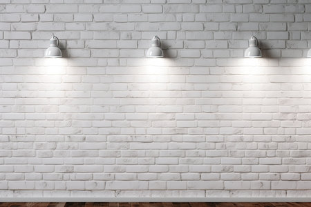 Spotlights on the white brick wall. Empty space for image, photograph, design. Ai Generativeの素材