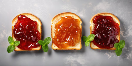 Fresh toast bread with different jams. Top view, flat lay. Ai Generative imageの素材