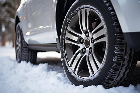 Winter car tire. Snow driving equipment. Ai Generativeの素材