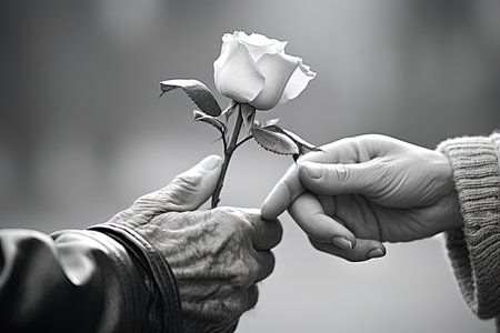 Elderly man giving rose to his wife. Closeup of hands and flower. Ai generative imageの素材
