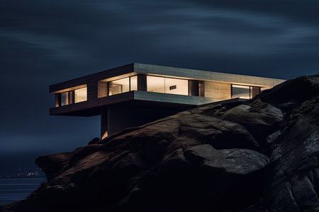 Luxury concrete mansion on the cliff overlooking the ocean at sunset. Ai generative imageの素材