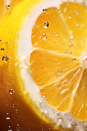 Closeup macro shot of lemon slice in water. Ai generative imageの素材