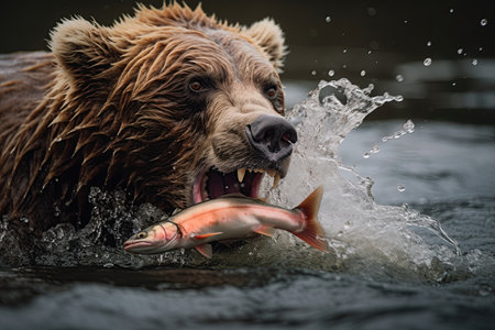 Grizzly Bear Catching Salmon and eating the fish. Ai Generative imageの素材