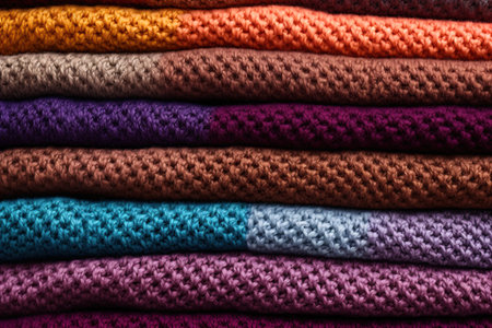 Stack of knitted colorful warm sweaters. Wool fabric texture. Closeup macro shot. Background design. Ai Generative imageの素材