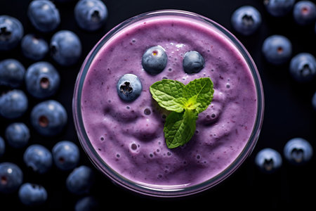 Blueberry smoothie with fresh Blueberries. Flatlay, top view composition. Ai Generative imageの素材