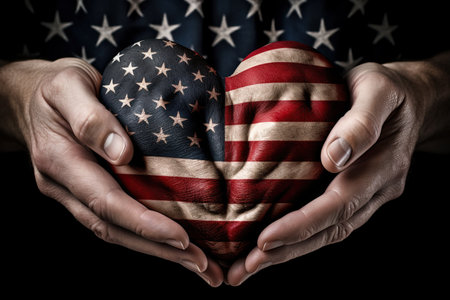 Heart with american flag colors on it in hands. Love and patriotism concept. Ai Generative imageの素材