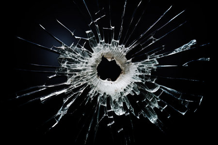 Bullet hole in a glass with cracks isolated on a black background. Ai Generative illustrationの素材