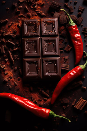 Dark chocolate and red chilli peppers. Flatlay composition. Ai generative imageの素材