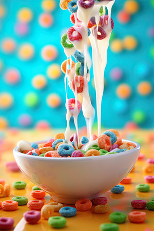 Pouring cereal corn rings and milk into a bowl on vibrant colorful background. Ai Generative imageの素材
