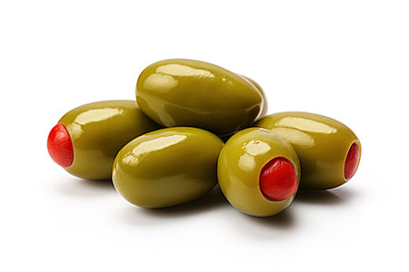 Olives stuffed with red paprika on white background. Ai generative imageの素材