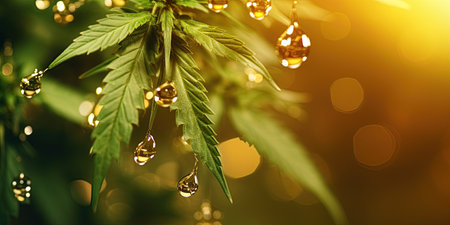 Cannabis leaf with drops of CBD oil. Medical marijuana, alternative medicine concept. Ai Generative imageの素材