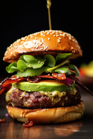 Avocado burger with Guacamole, pesto, salad and tomatos. Ai generative imageの素材