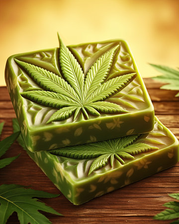 Cannabis soap made from hemp oil. Skincare and cosmetics concept. Ai Generativeの素材