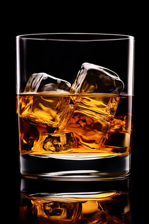 Glass of Whiskey with ice cubes. Black background. Ai Generative imageの素材