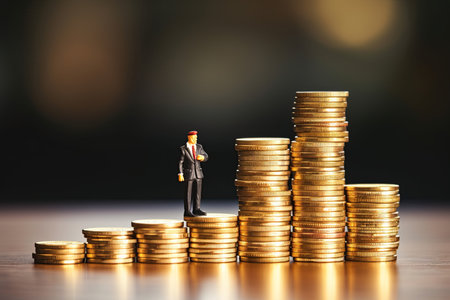 Stack of coins on a desk. Financial, banking, investment concept. Ai Generative imageの素材