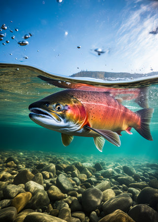 Sockeye Salmon swimming in the Alaskan river. Ai Generative imageの素材