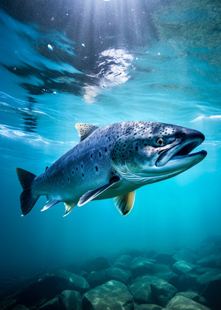 Salmon swimming in the Alaskan river. Underneath the surface shot. Ai Generative imageの素材