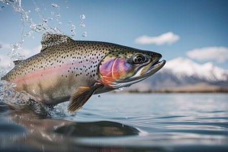 Rainbow trout jumping out of water in Alaskan river. Ai Generative imageの素材