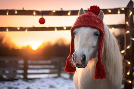 Portrait of a white horse wearing Santa Claus hat in the Christmas night. Ai Generative imageの素材