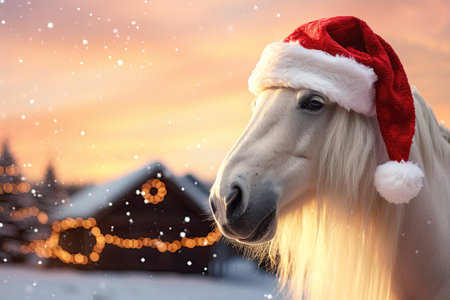 Portrait of a white horse wearing Santa Claus hat in the Christmas night. Ai Generative imageの素材
