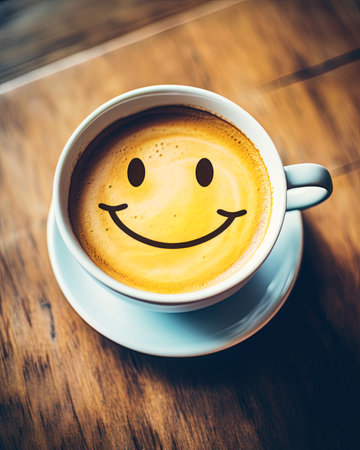 Cup of coffee with smiling face emoji. Ai Generativeの素材
