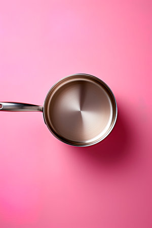 Empty frying pan on pink background. Copy space, add your product. Ai Generative imageの素材