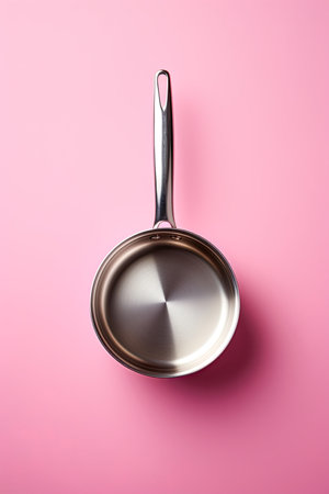 Empty frying pan on pink background. Copy space, add your product. Ai Generative imageの素材