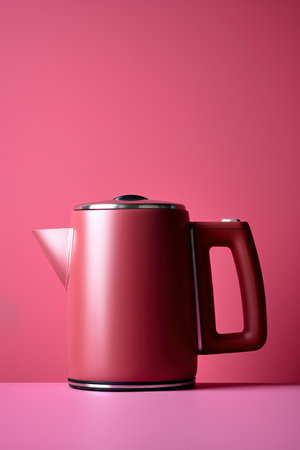 Tea kettle on pink background. Copy space, add your product. Ai Generative imageの素材