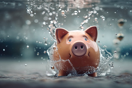 Piggy bank underwater. Financial crisis, economy decline concept. Ai Generative illustrationの素材