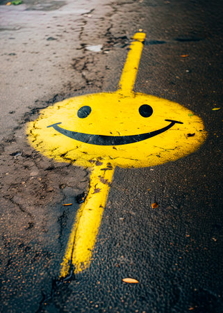 Smiling face emoji drawn on the road. Ai Generative imageの素材