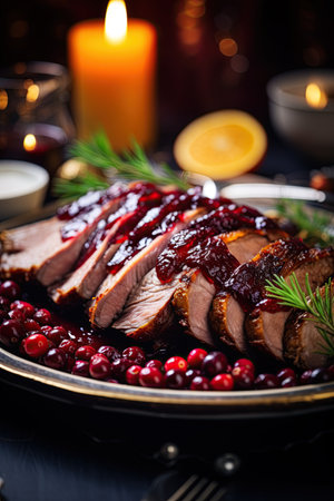 Christmas duck roast with cranberry sauce. Ai Generative imageの素材