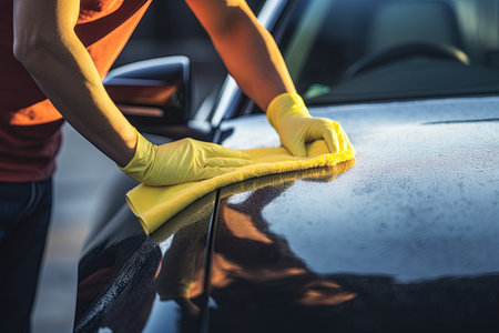 Washing car with cloth. Hand polishing vehicle. Ai Generative imageの素材