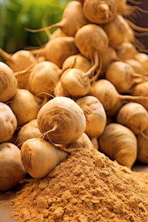 Peruvian maca freshly harvested. Food supplements and healthy products from nature. Generative Ai imageの素材
