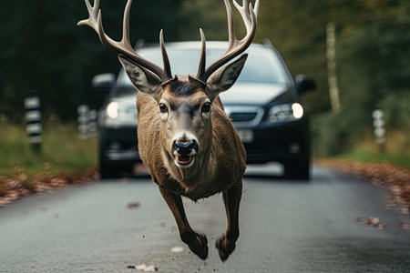 Be aware of deer crossing the road. Caution, wild animals. Ai Generative imageの素材