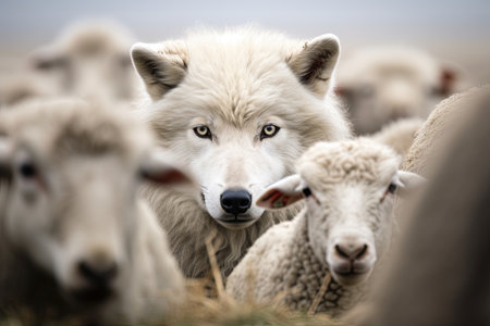 Wolf hiding among sheep flock. Ai Generative imageの素材