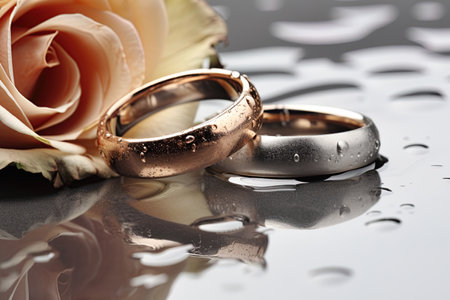Wedding rings and white rose in background. Closeup macro image. Ai Generativeの素材