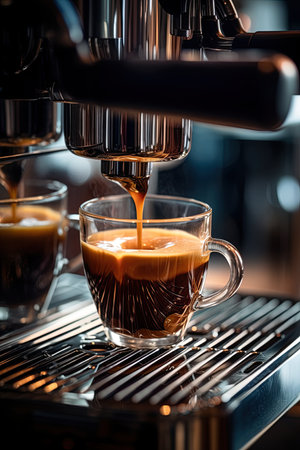 Coffee machine with cup of espresso. Pouring coffee in a mug. Ai Generative imageの素材