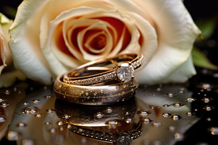 Wedding rings and white rose in background. Closeup macro image. Ai Generativeの素材