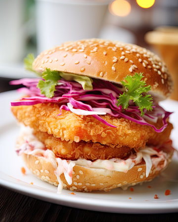 Calamari burger. Seafood sandwich. Ai generative imageの素材
