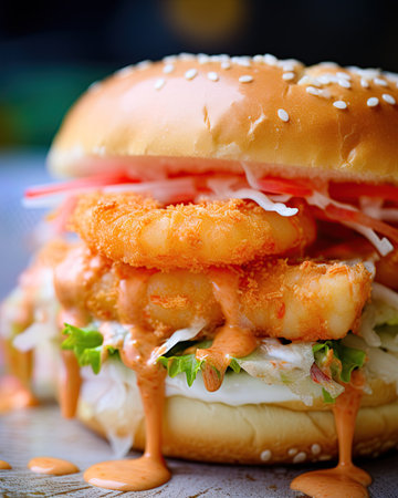 Calamari burger. Seafood sandwich. Ai generative imageの素材