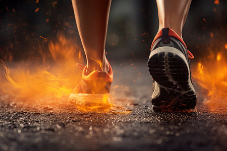 Runner in sport shoes on fire. Ai generativeの素材