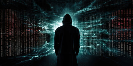 Hacker in front of binary code backdrop.Hacking and malware concept. Ai Generativeの素材