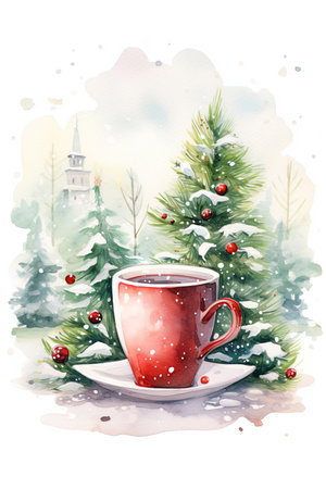 Coffee mug with decorated Christmas tree in background. Postcard, poster design. Ai Generative illustrationの素材