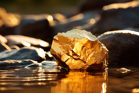 Big golden nugget in the river. Gold mining concept. Generative Ai imageの素材