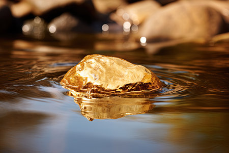 Big golden nugget in the river. Gold mining concept. Generative Ai imageの素材