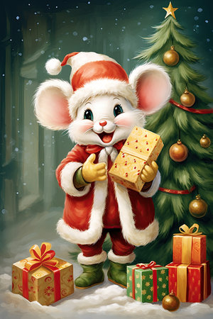 Mouse holding Christmas presents. Vintage postcard style design. Generative Ai illustrationの素材